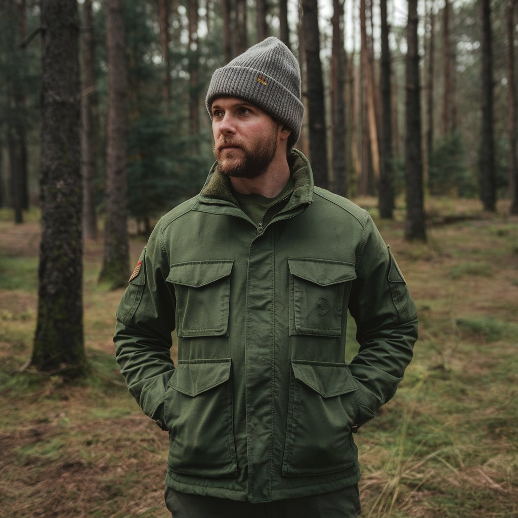 man wearing military field jacket in the nature